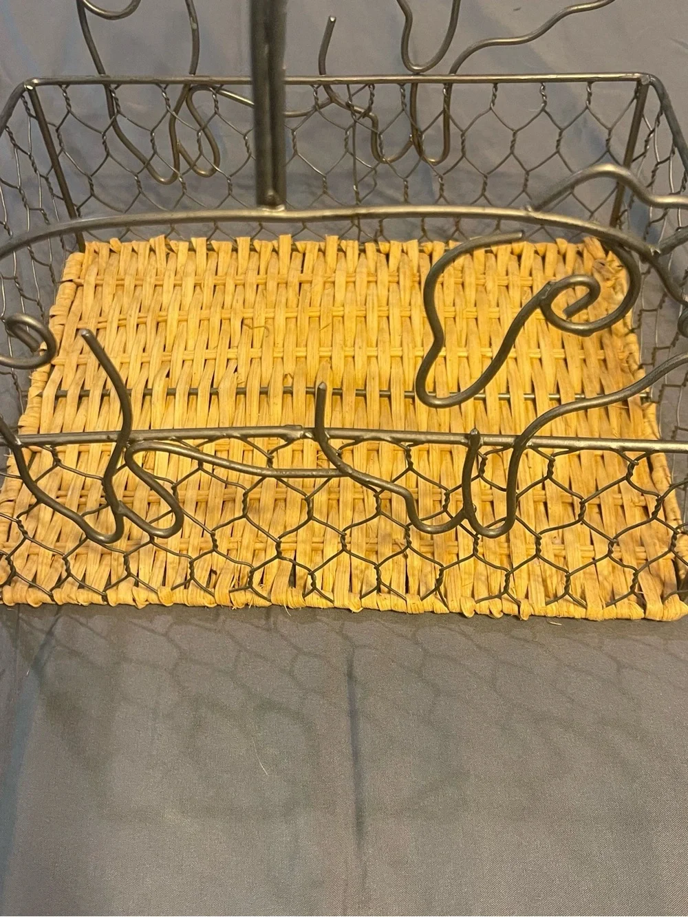 Two-Tone Wire Basket with Woven Natural Base - Gold Metal, Natural
